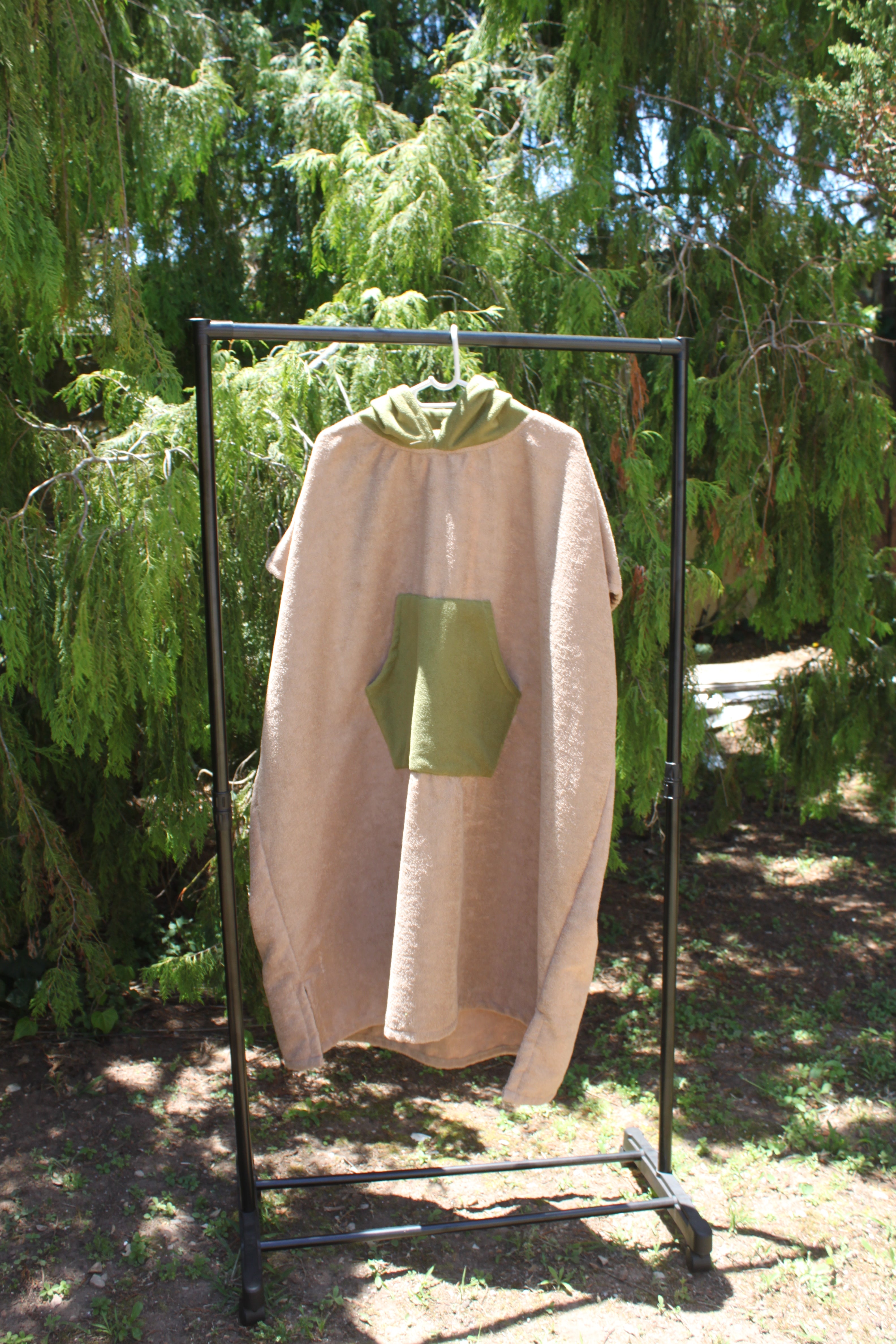 Adult Towel Poncho: Beige with green pocket