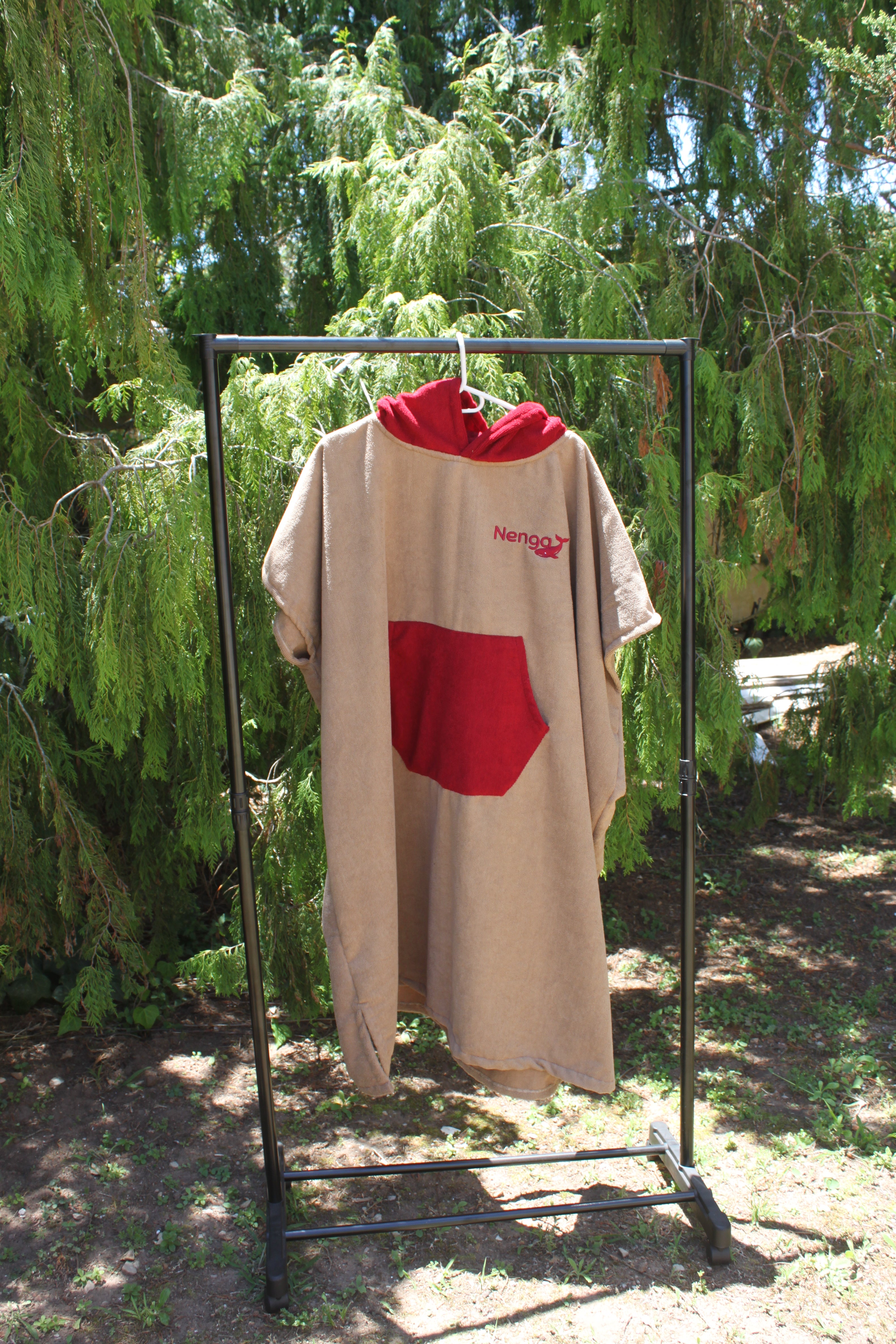 Adult Towel Poncho: Beige with red pocket