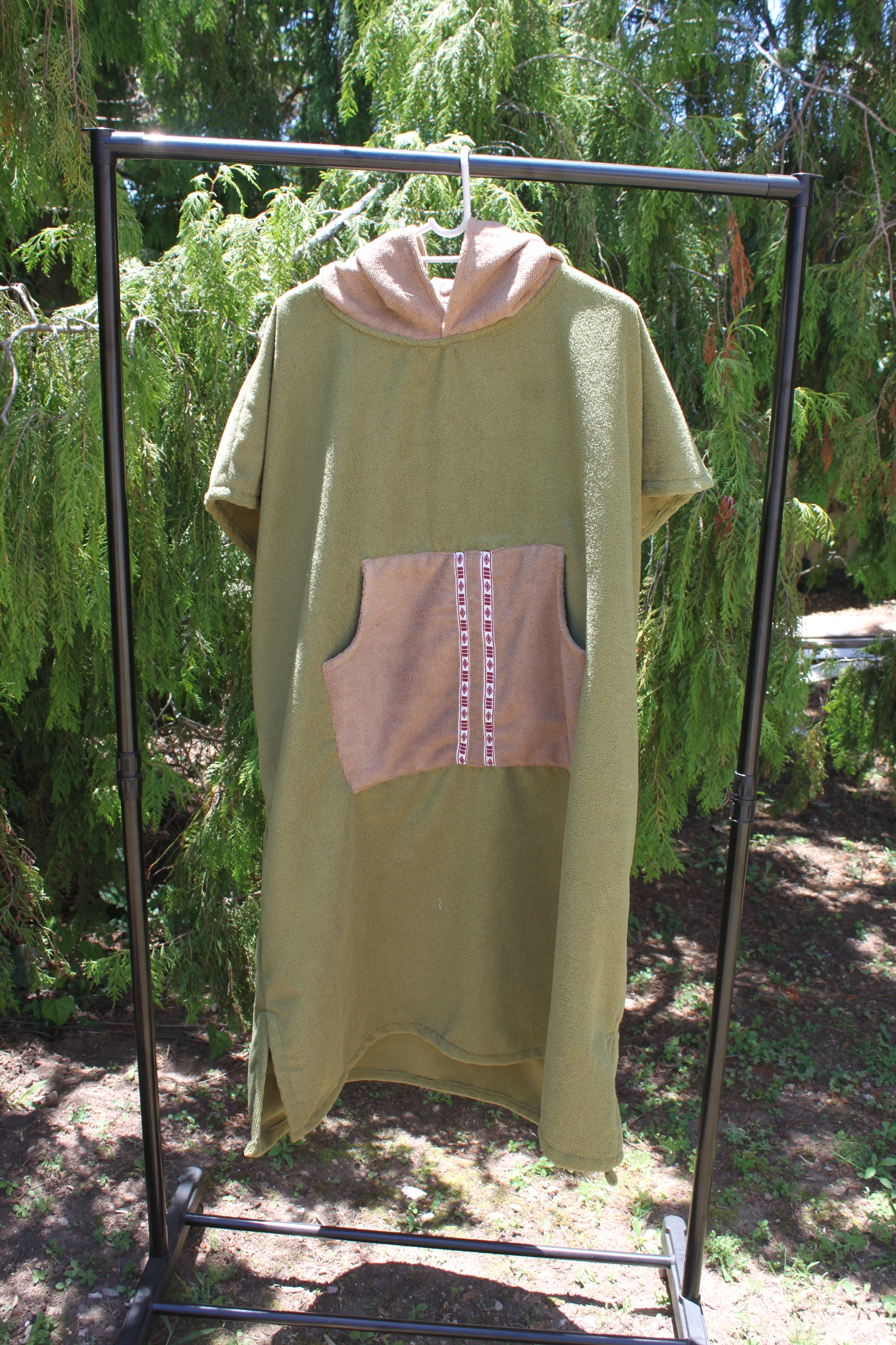 Adult Towel Poncho: Green with beige pocket & detailing