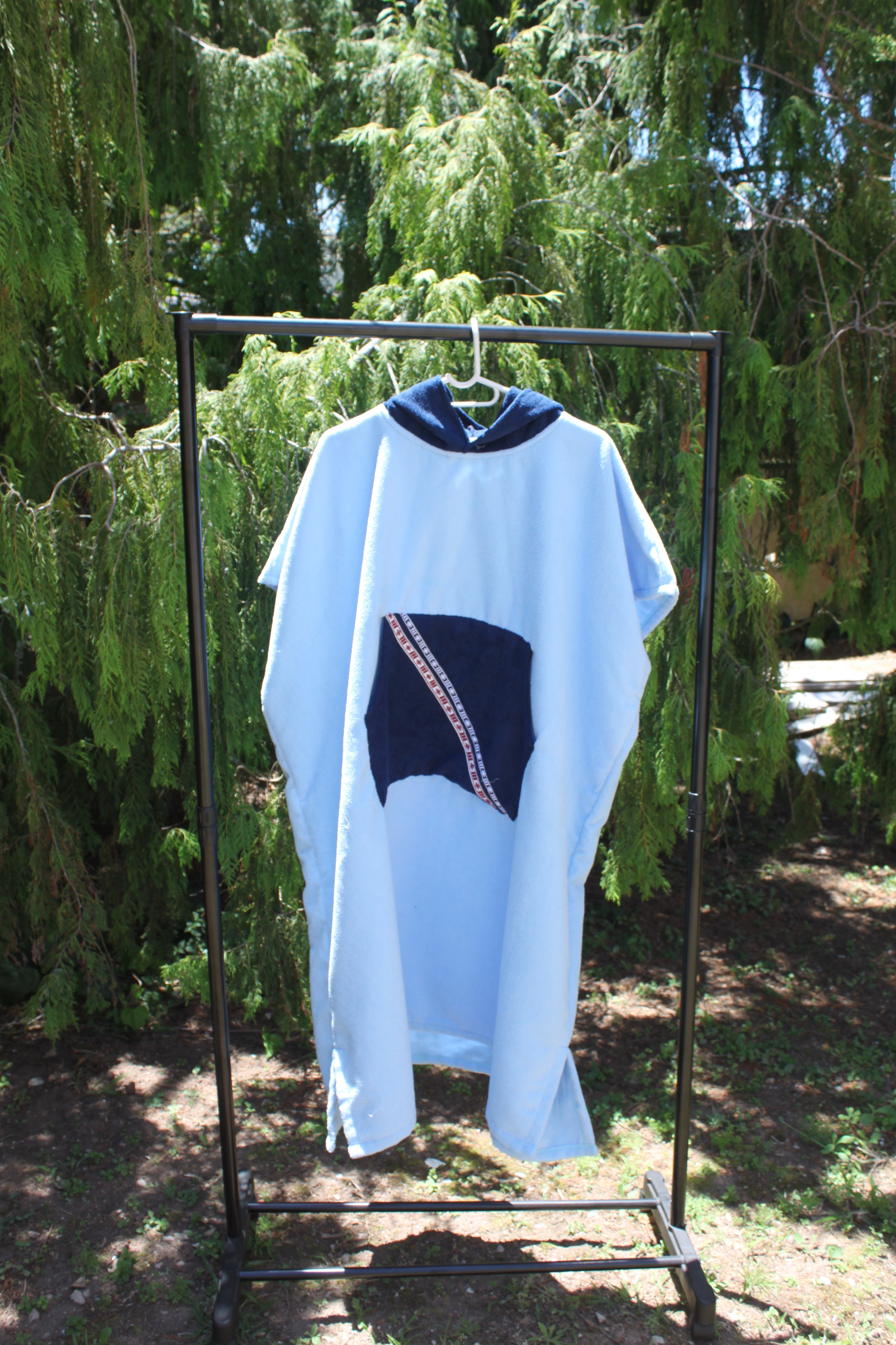 Adult Towel Poncho: Light blue with navy pocket & detailing