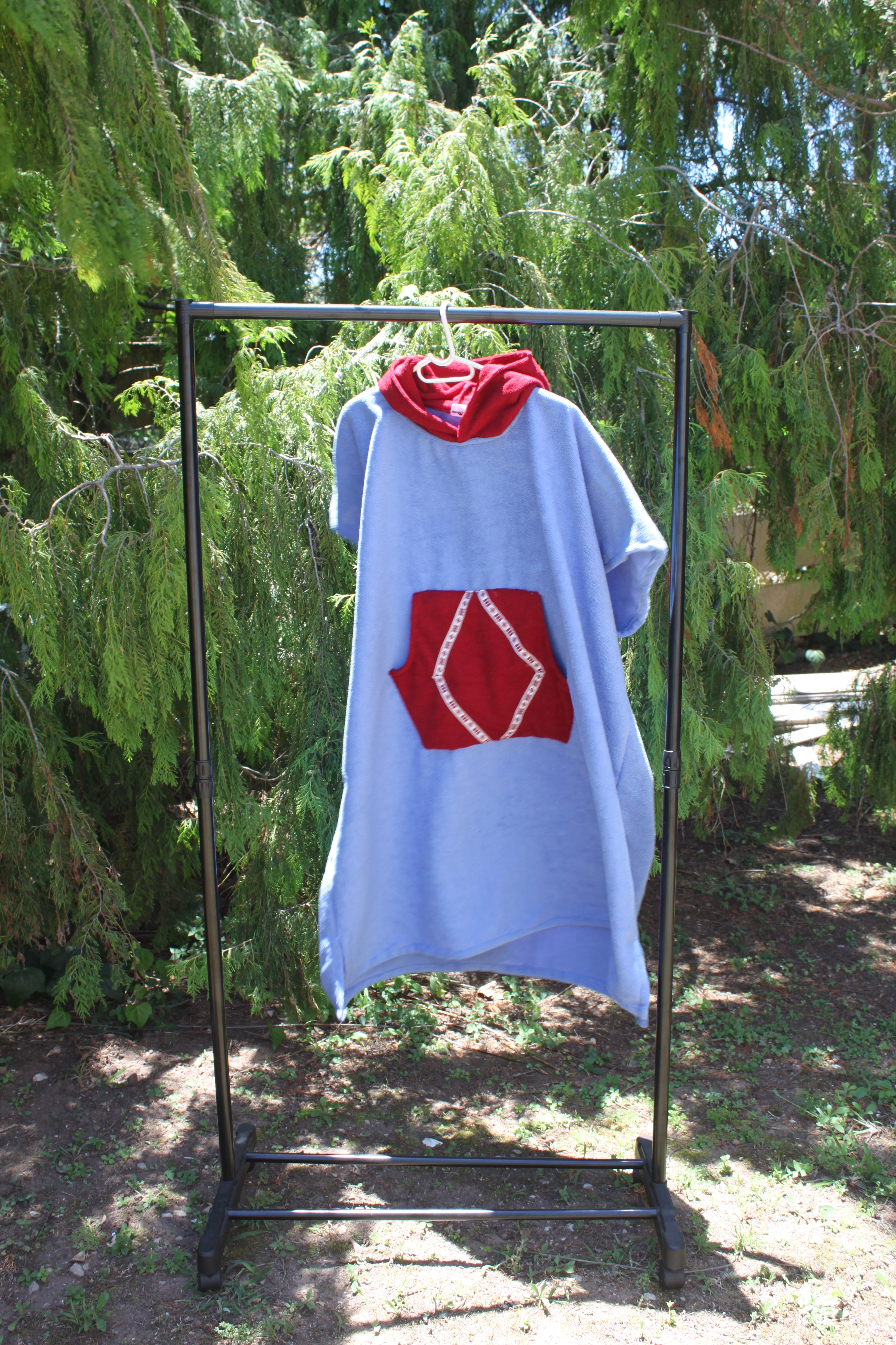 Adult Towel Poncho: Light blue with red pocket & detailing