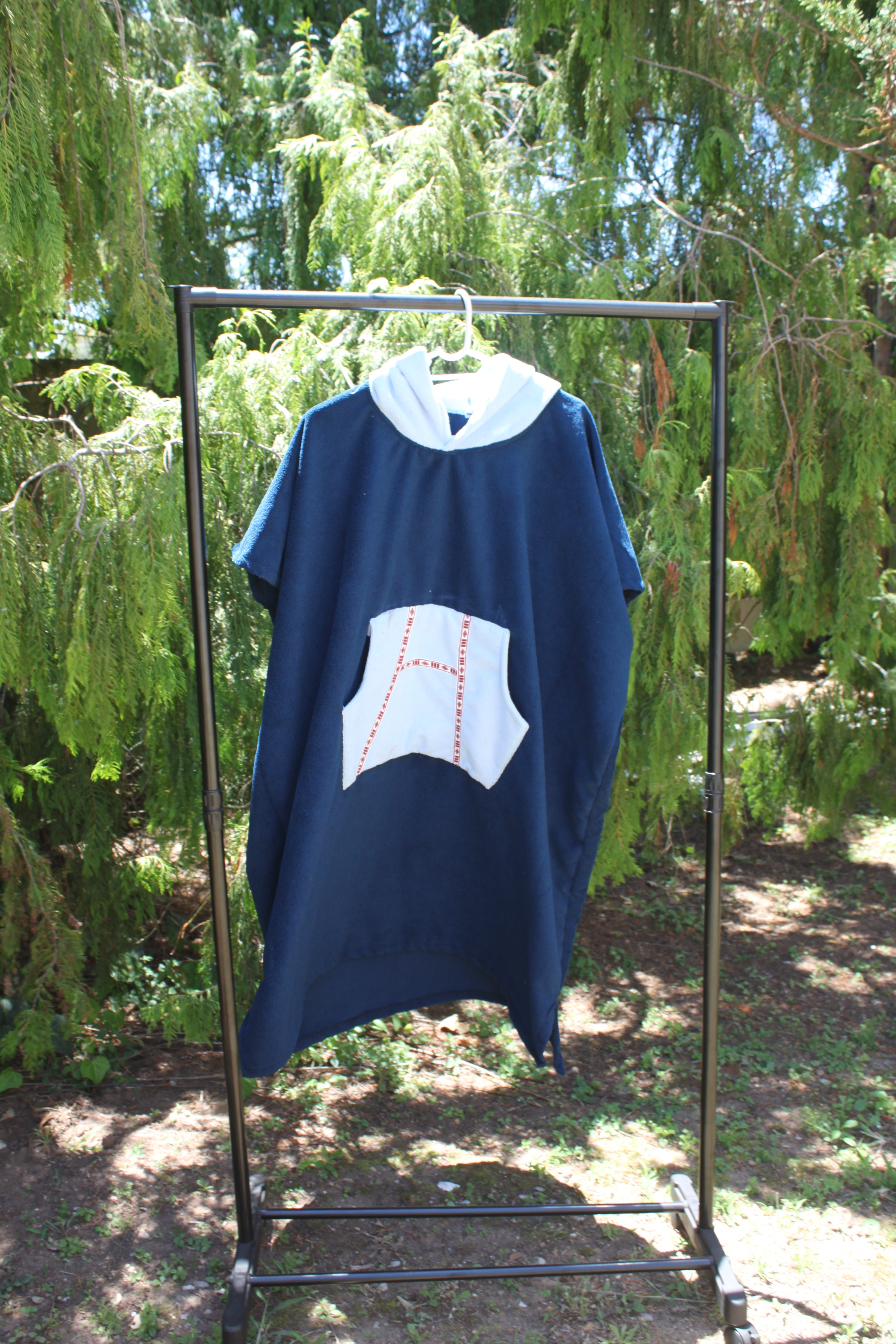 Adult Towel Poncho: Navy with light blue pocket & detailing (2)