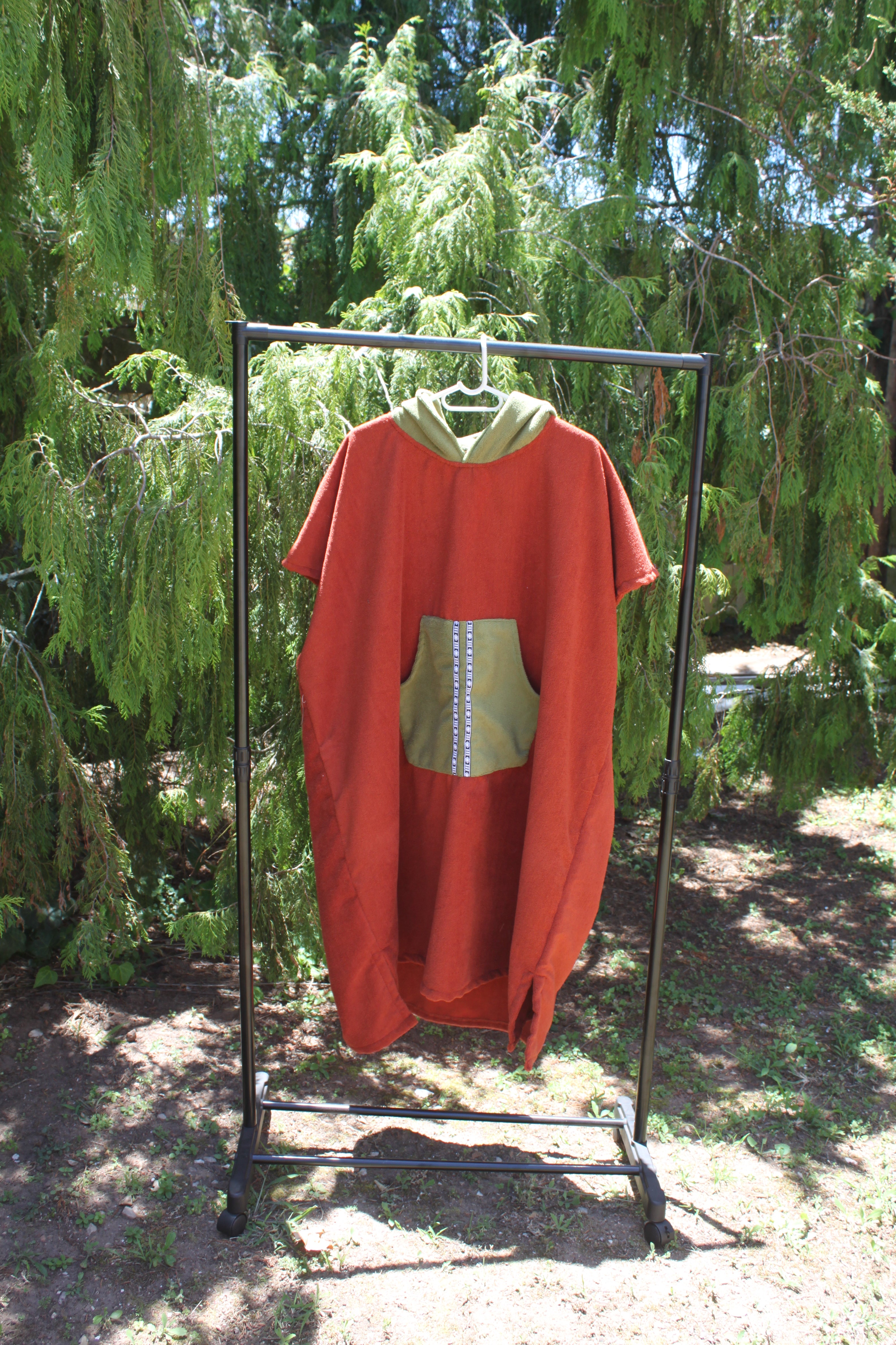 Adult Towel Poncho: Rust with green pocket & detailing